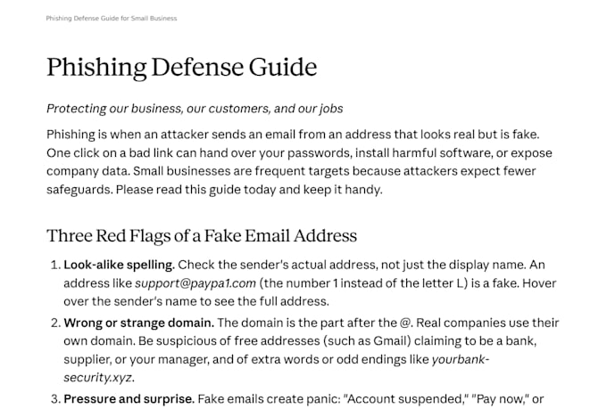 write a customizable cybersecurity awareness employee guide for your business